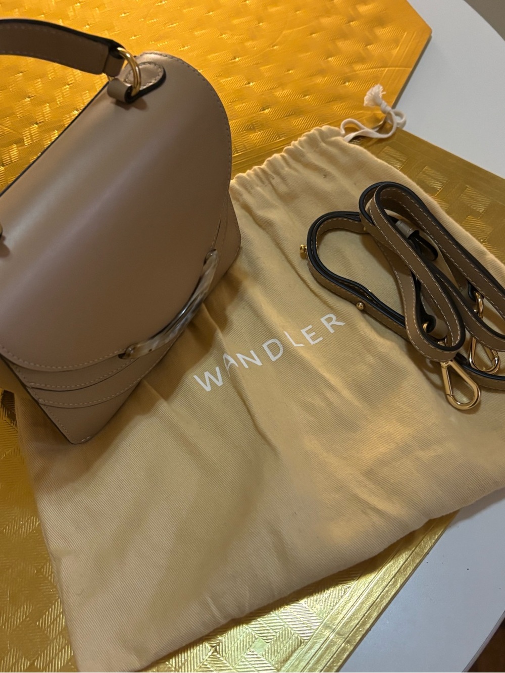 Wandler Taupe Leather Top-Handle Satchel with Tortoiseshell Accent - Picture 3 of 5